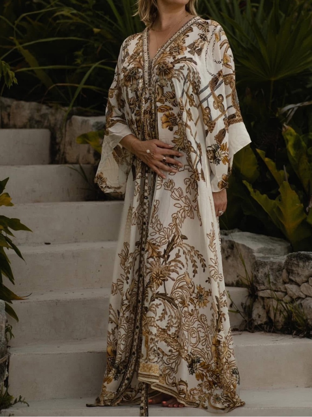 Camilla Road to Richesse Waist Tie Maxi Caftan White and Gold Embellished